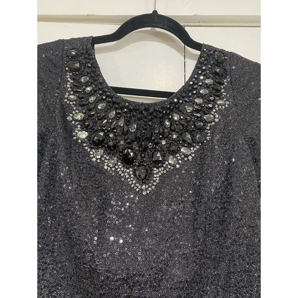Carmen Marc Valvo Dress Sz 8 Black Silver Beaded Neck Sequin Cocktail Midi - Picture 3 of 12